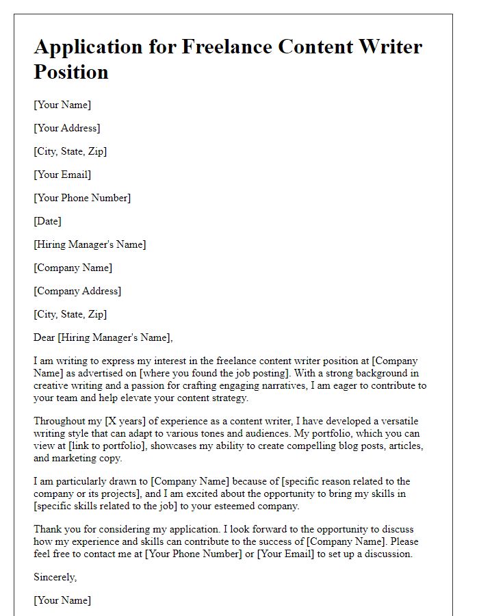 Letter template of freelance job application for content writer transition