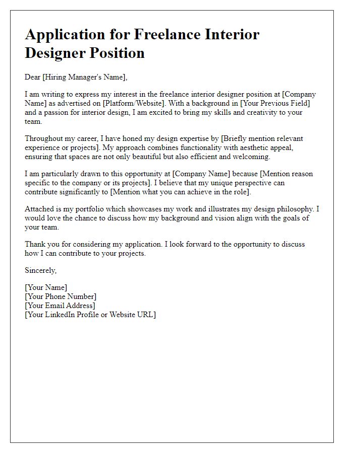 Letter template of freelance job application for interior designer transition