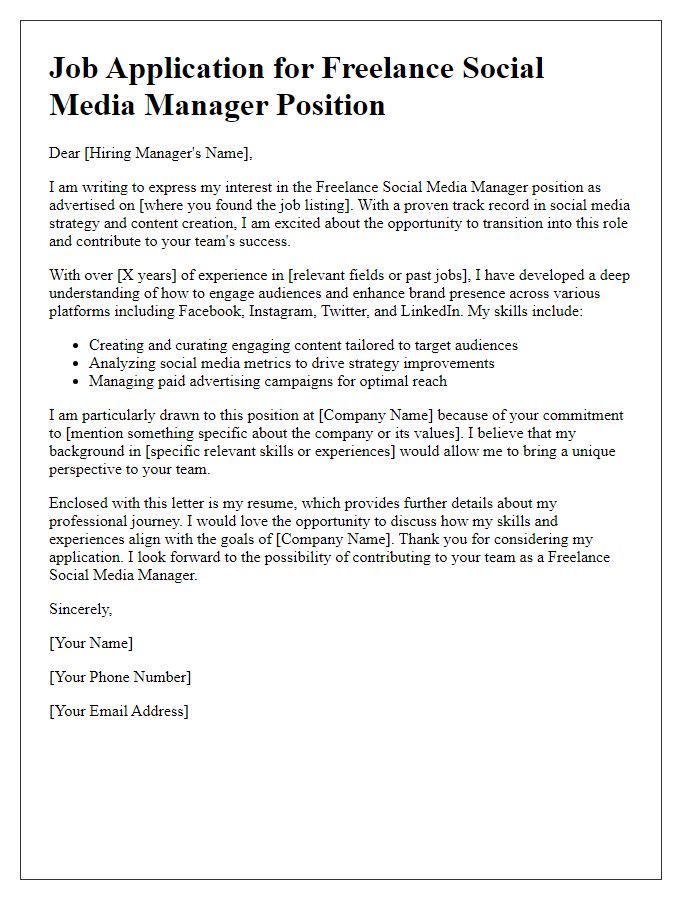 Letter template of freelance job application for social media manager transition