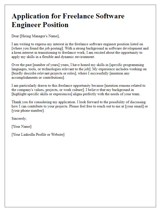 Letter template of freelance job application for software engineer transition