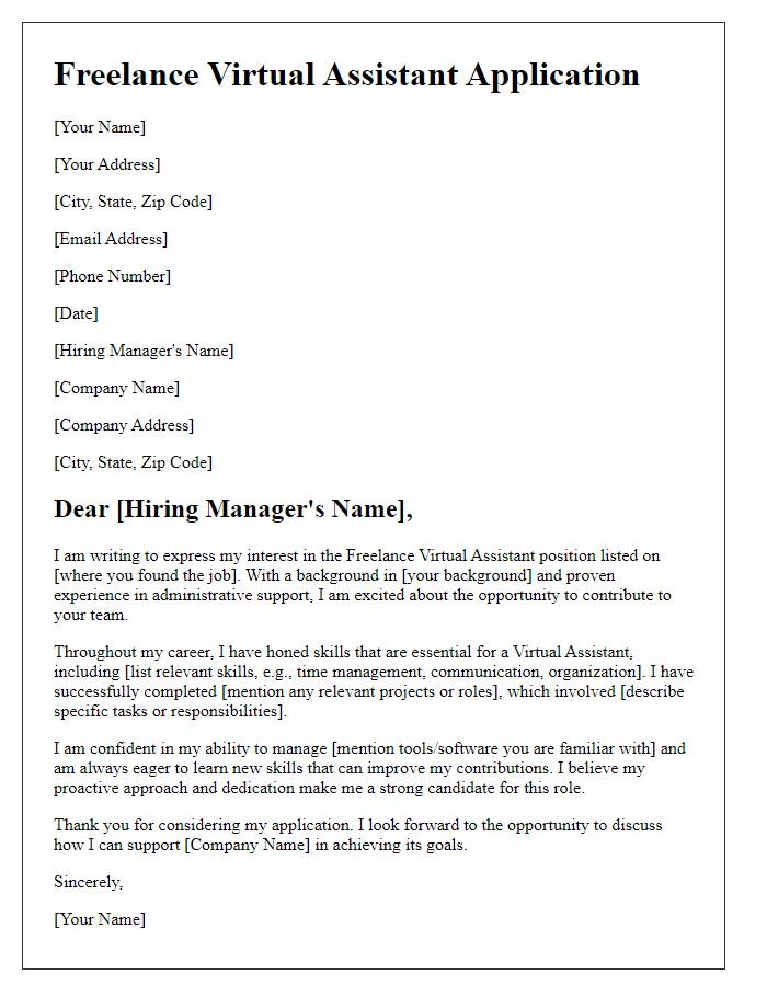 Letter template of freelance job application for virtual assistant transition