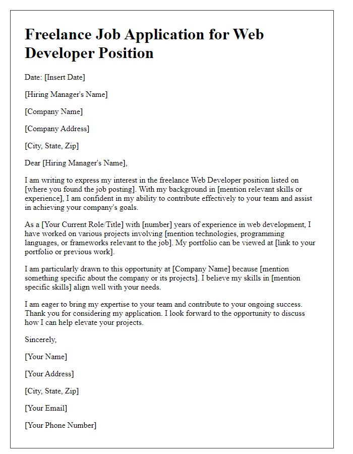 Letter template of freelance job application for web developer transition