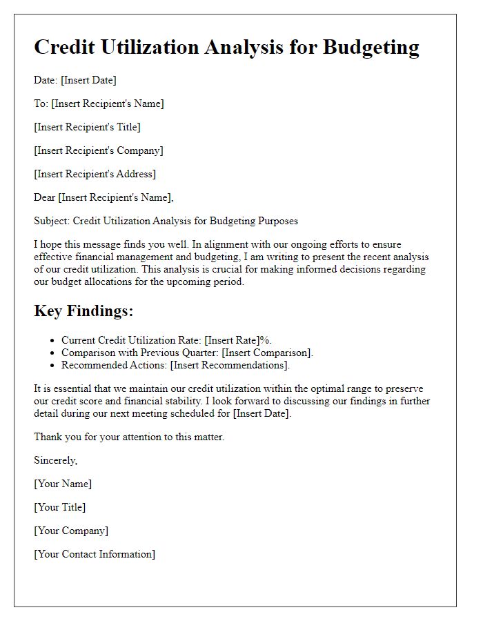 Letter template of credit utilization analysis for budgeting purposes.