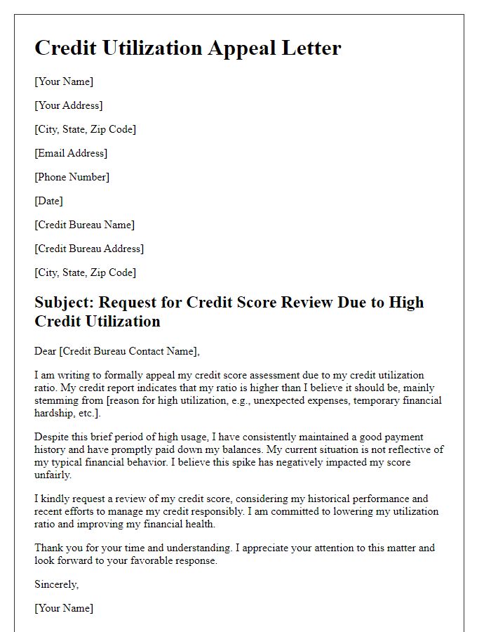 Letter template of credit utilization appeal for score review.