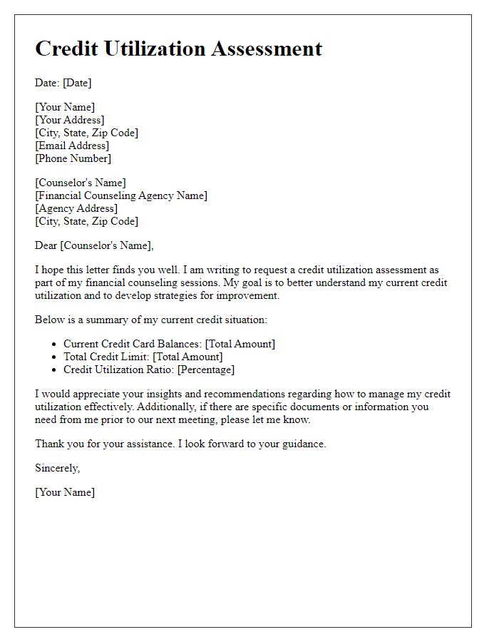 Letter template of credit utilization assessment for financial counseling.