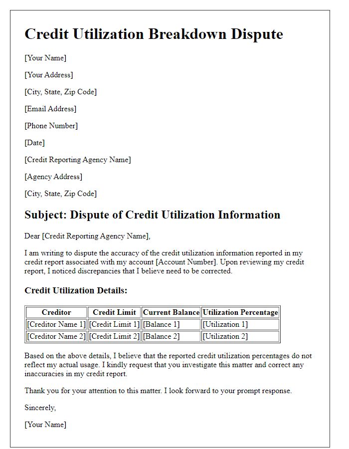 Letter template of credit utilization breakdown for credit report dispute.