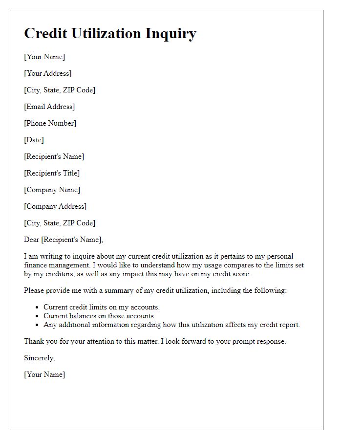 Letter template of credit utilization inquiry for personal finance.