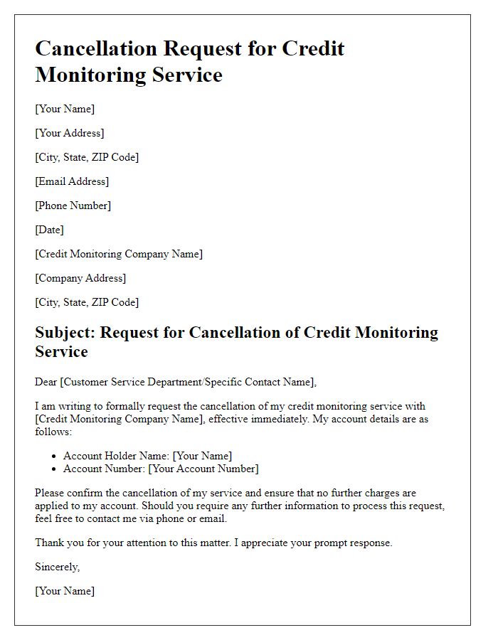 Letter template of request for credit monitoring service cancellation