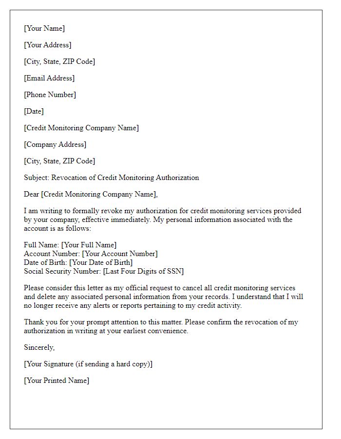 Letter template of revocation of credit monitoring authorization