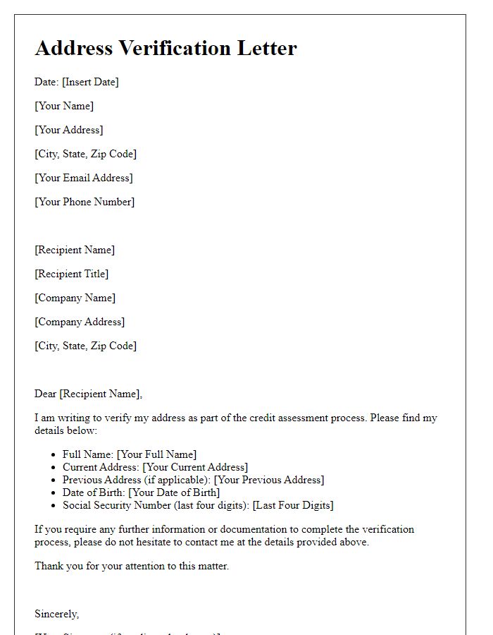 Letter template of address verification for credit assessment