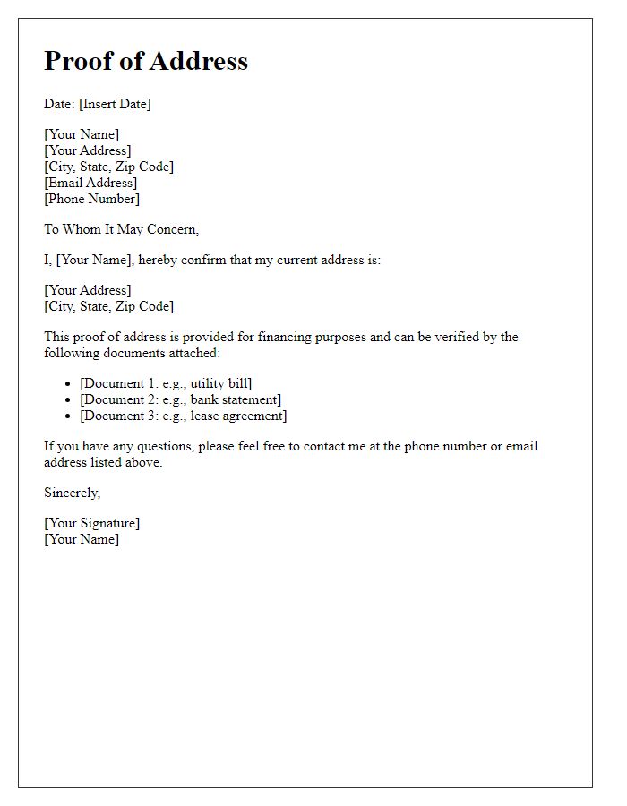 Letter template of proof of address for financing purposes