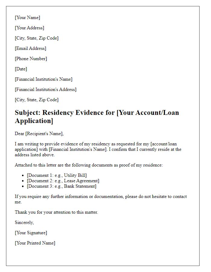 Letter template of residency evidence for financial institution