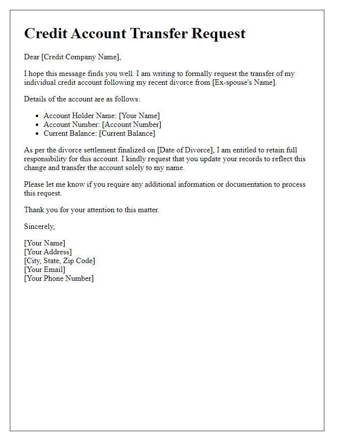 Letter template of individual credit account transfer post-divorce.