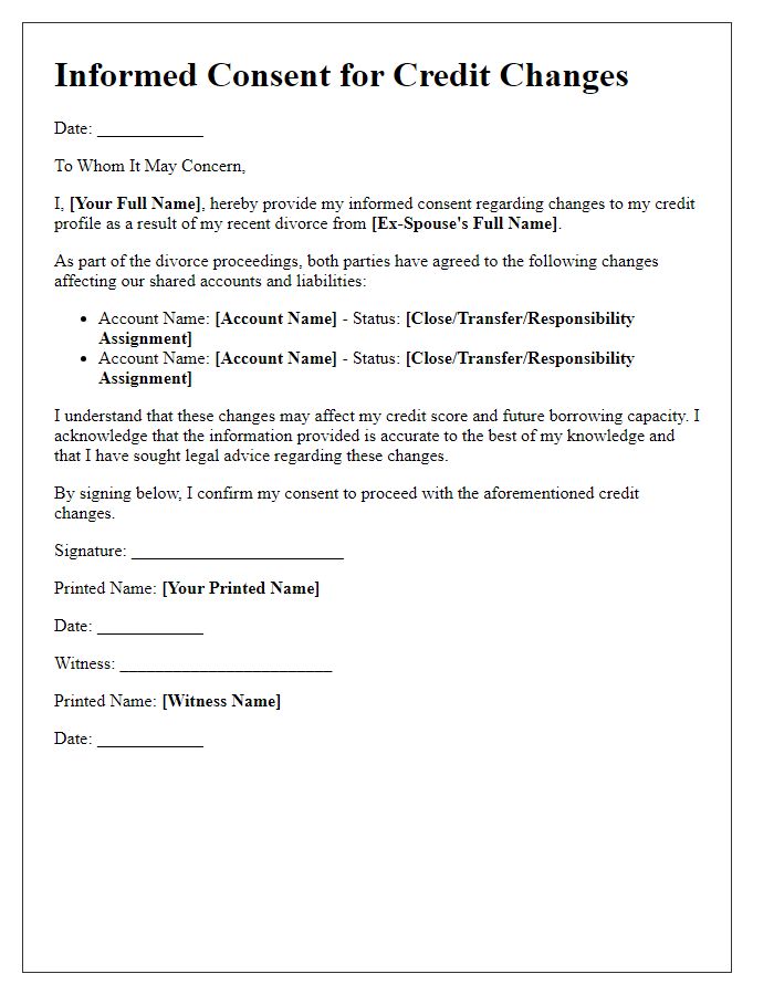 Letter template of informed consent for credit changes after divorce.