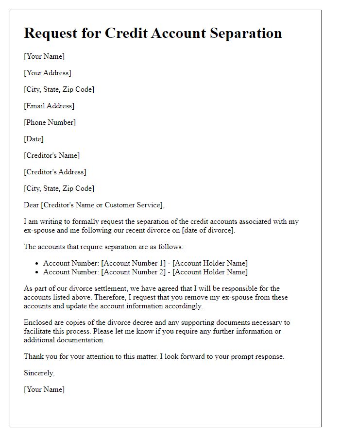 Letter template of request for credit account separation after divorce.