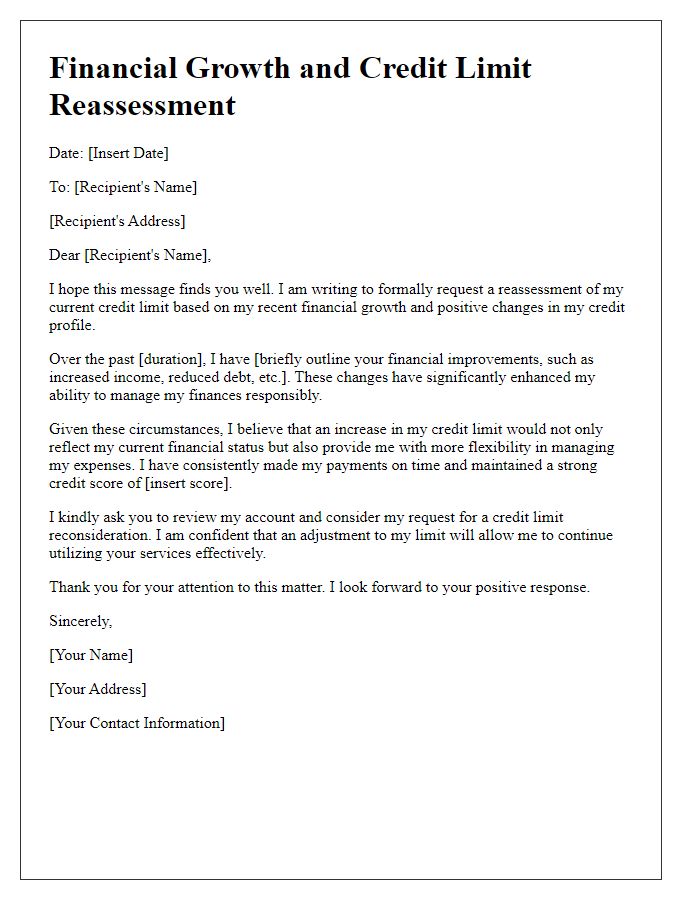 Letter template of financial growth and credit limit reassessment.