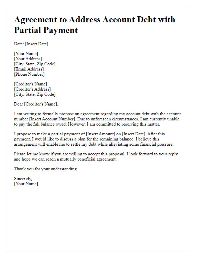 Letter template of Agreement to Address Account Debt with Partial Payment