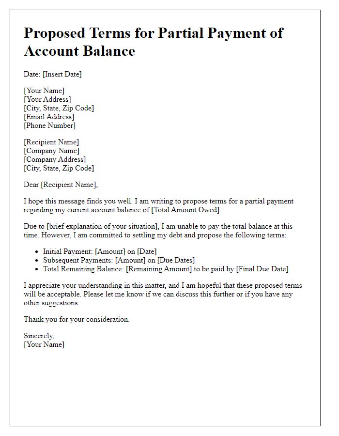 Letter template of Proposed Terms for Partial Payment of Account Balance