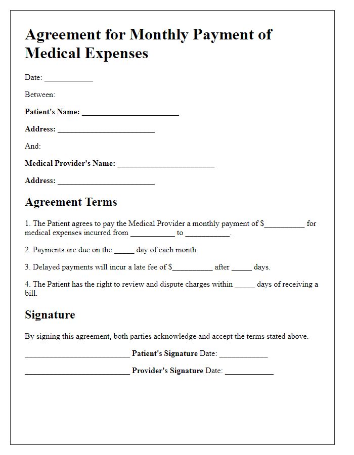 Letter template of agreement for monthly payment of medical expenses