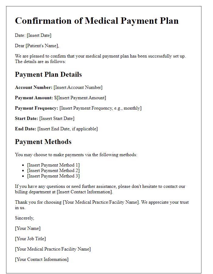 Letter template of confirmation for medical payment plan setup