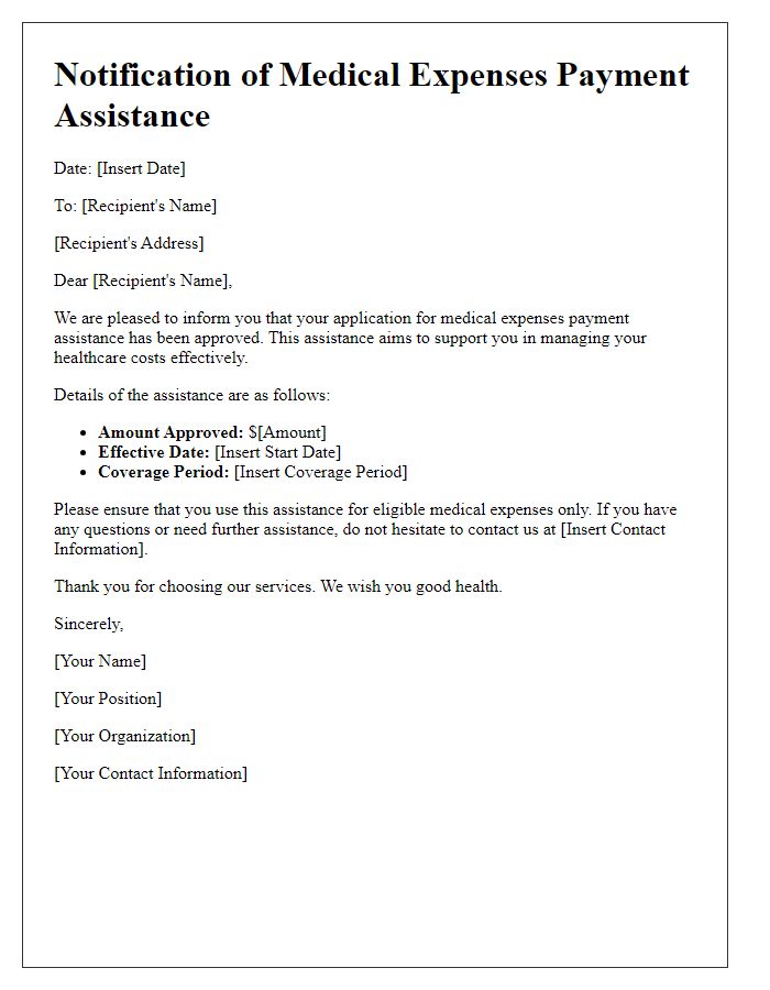 Letter template of notification for medical expenses payment assistance