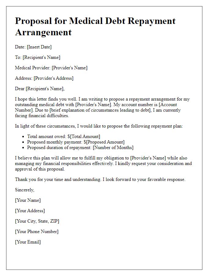 Letter template of proposal for medical debt repayment arrangement