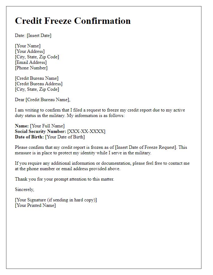 Letter template of credit freeze confirmation for active duty