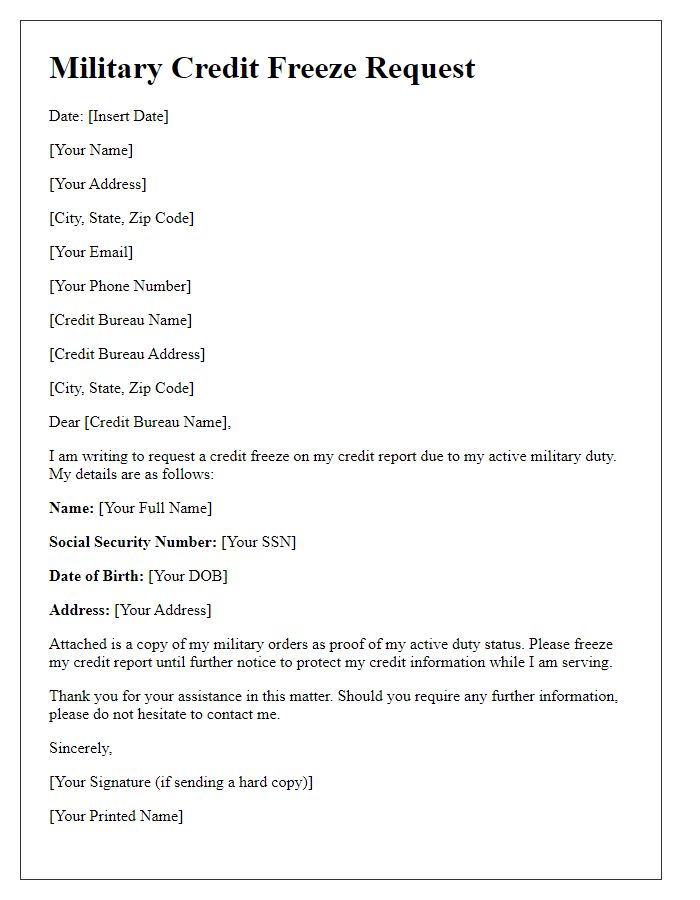 Letter template of documentation for military credit freeze