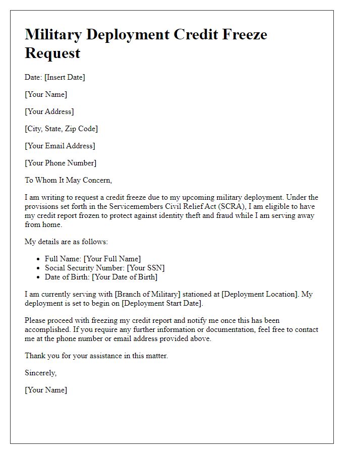 Letter template of military deployment credit freeze request