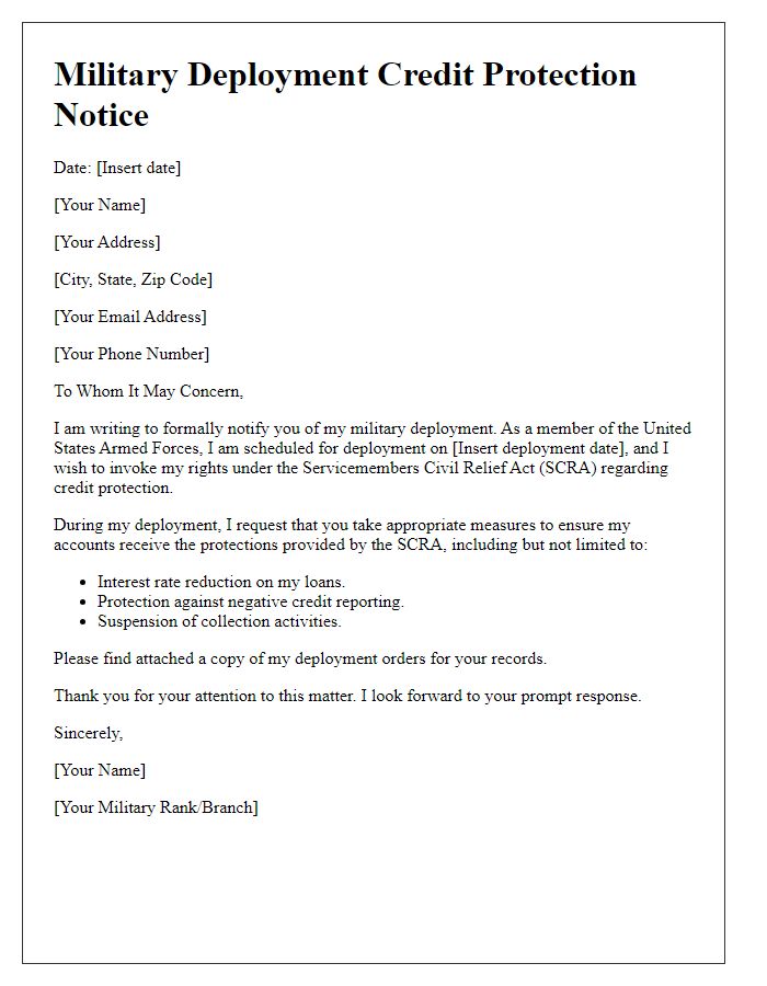 Letter template of military deployment credit protection notice