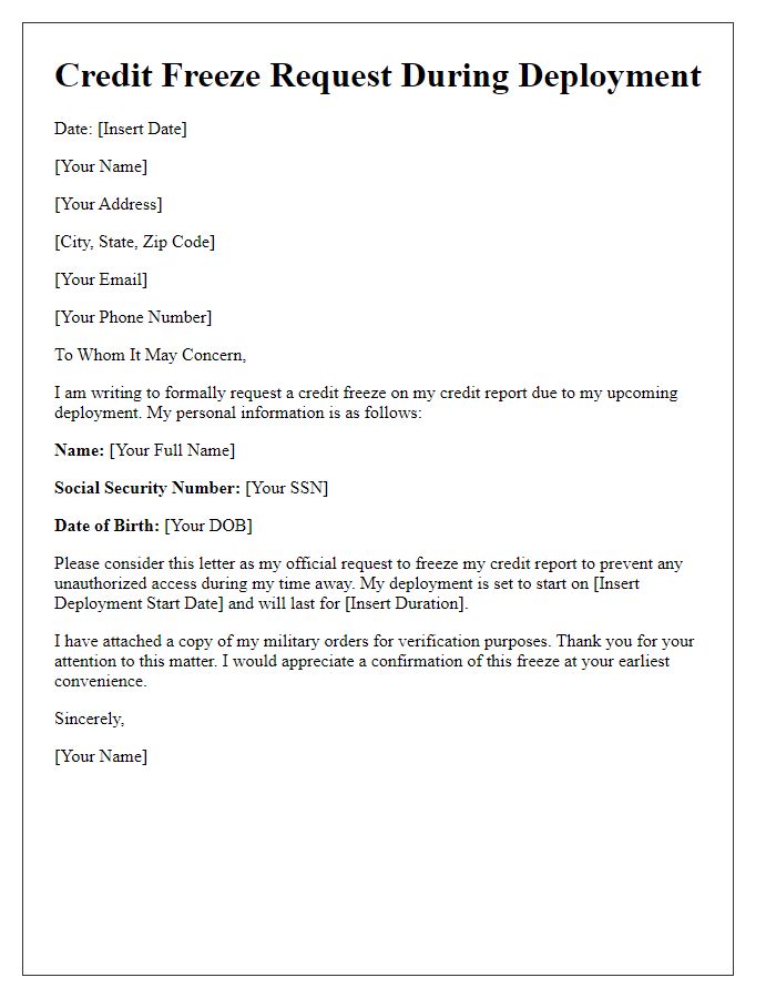 Letter template of request for credit freeze during deployment