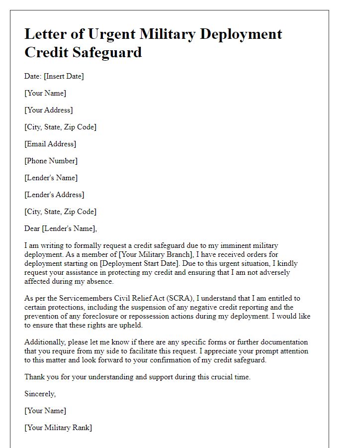 Letter template of urgent military deployment credit safeguard