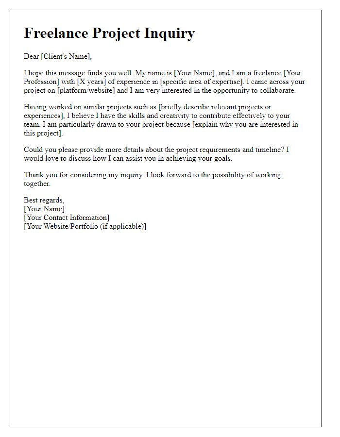 Letter template of freelance project inquiry for job application