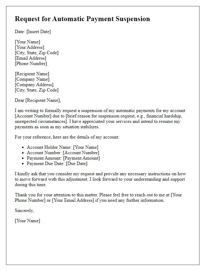 Letter template of adjustment request for automatic payment suspension