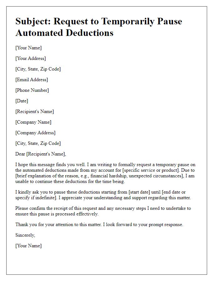 Letter template of formal pause on automated deductions