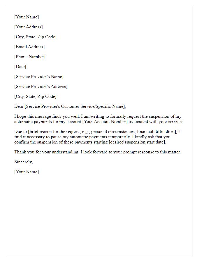 Letter template of request to suspend automatic payments for services