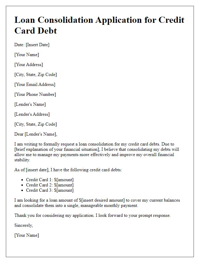 Letter template of loan consolidation application for credit card debt