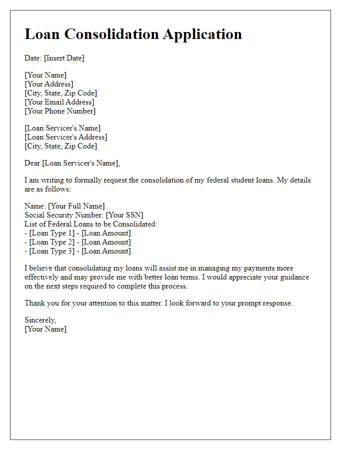 Letter template of loan consolidation application for federal loans