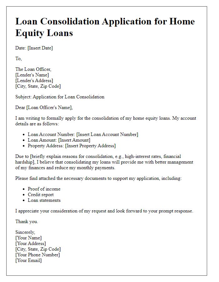 Letter template of loan consolidation application for home equity loans