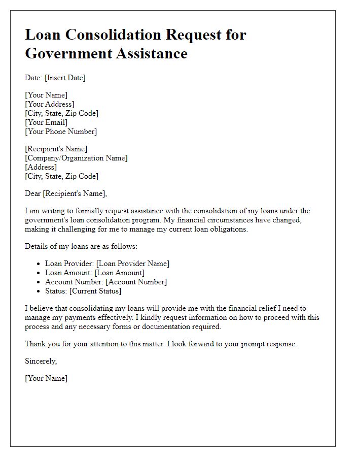 Letter template of loan consolidation request for government assistance