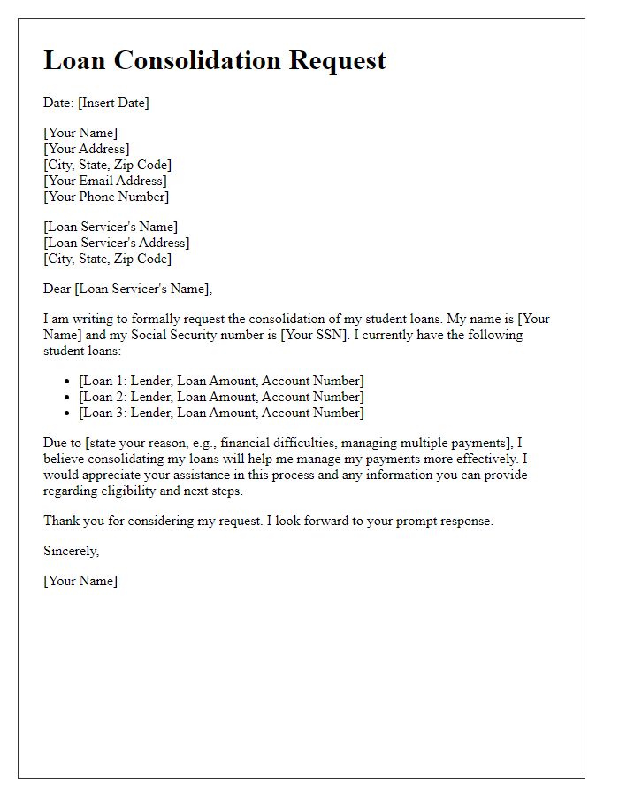 Letter template of loan consolidation request for students