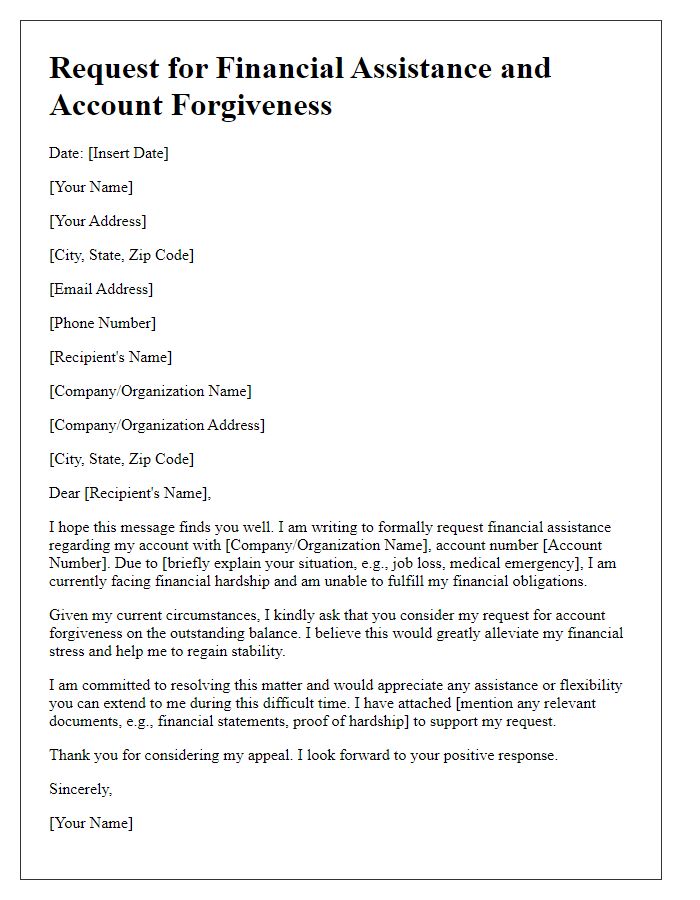 Letter template of financial assistance request for account forgiveness.