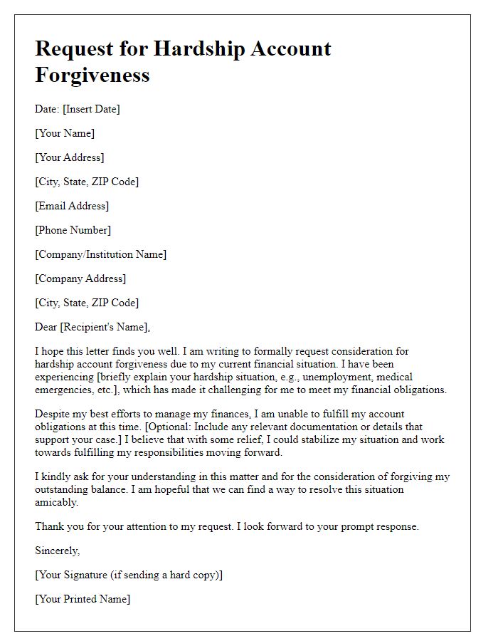 Letter template of hardship account forgiveness application.