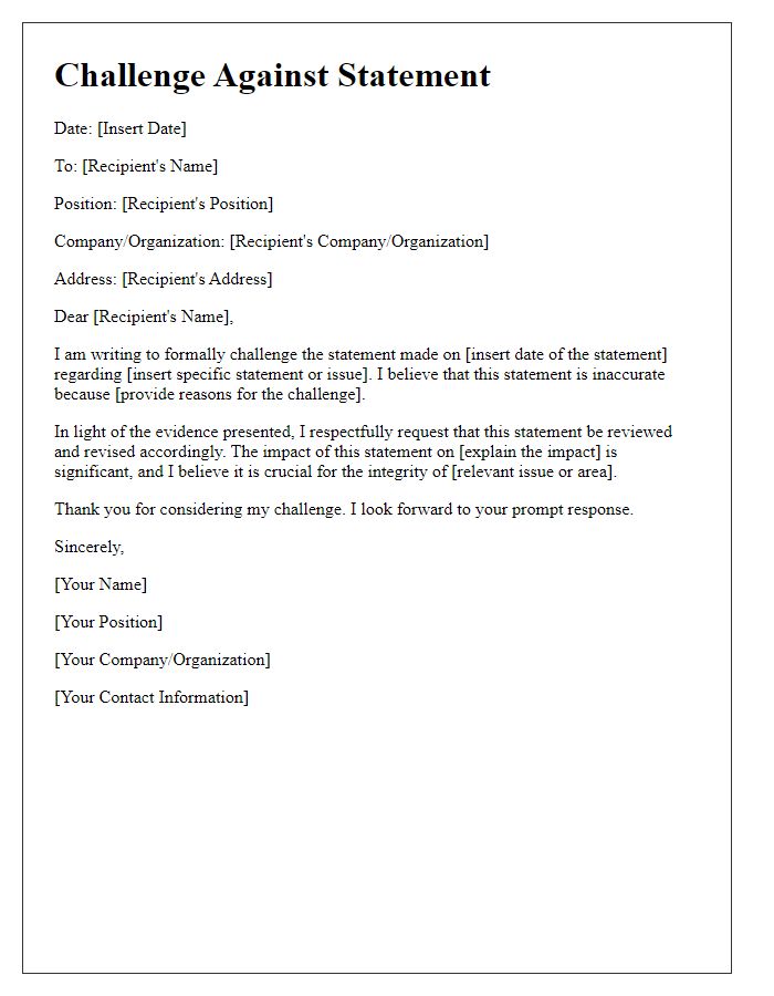 Letter template of challenge against a statement.