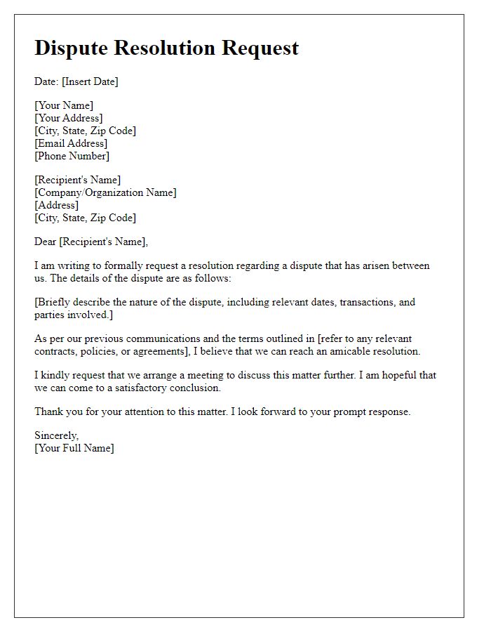 Letter template of dispute resolution request.