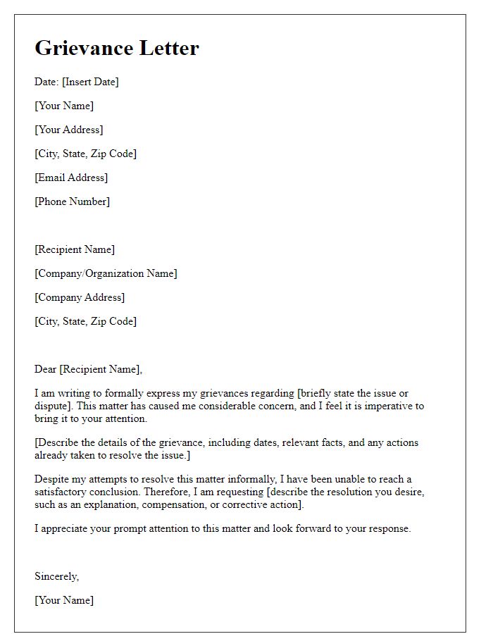 Letter template of grievance expression for disputes.