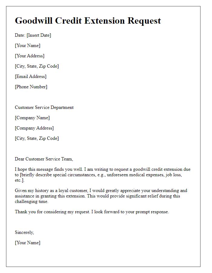 Letter template of communication for goodwill credit extension related to special circumstances.