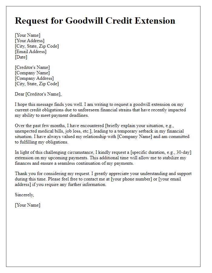 Letter template of solicitation for goodwill credit extension amid financial strain.