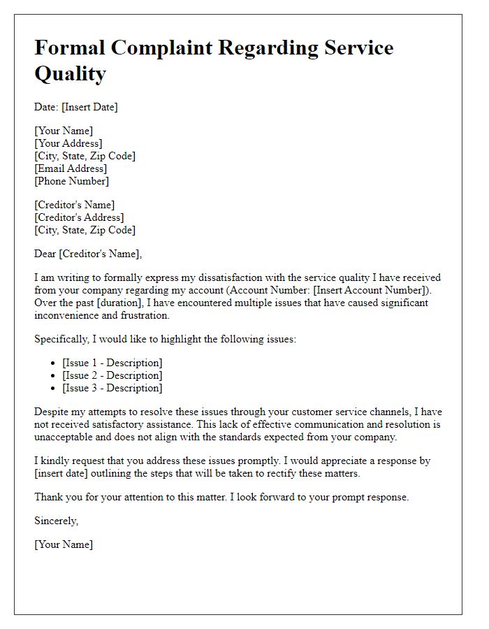 Letter template of formal creditor complaint about service quality issues.