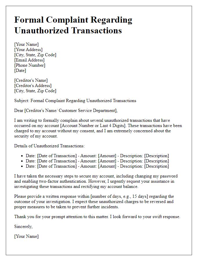 Letter template of formal creditor complaint about unauthorized transactions.